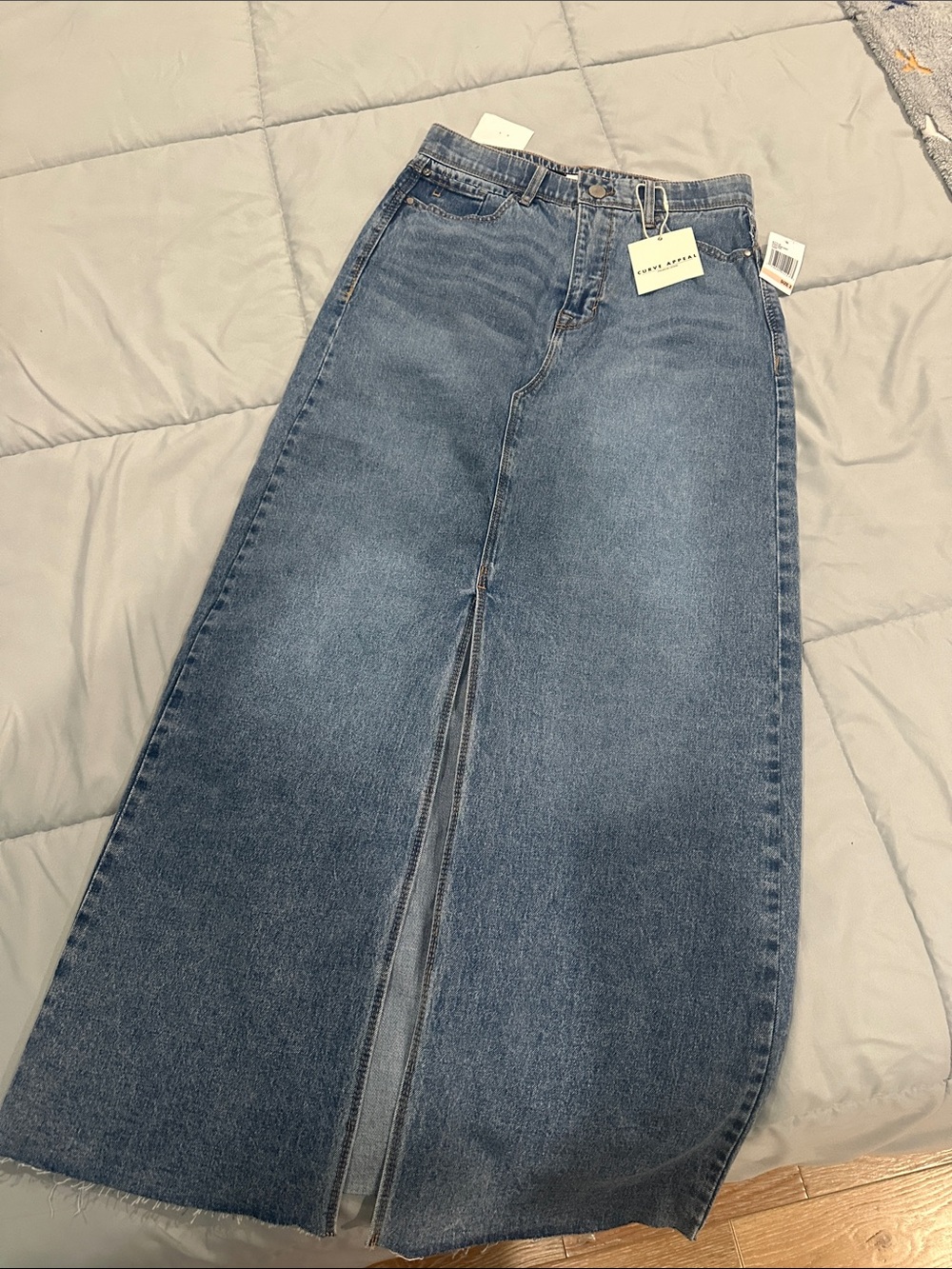 High-Rise Denim Maxi Skirt in Blue with Front Slit